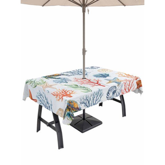 Outdoor Tablecloth with Umbrella Hole for Patio/Picnic/Party, Summer Ocean Waterproof Table Cloth Rectangle Table Cover Washable, Watercolor Ocean Marine Turtle Coral Starfish Blue (60"x 120")