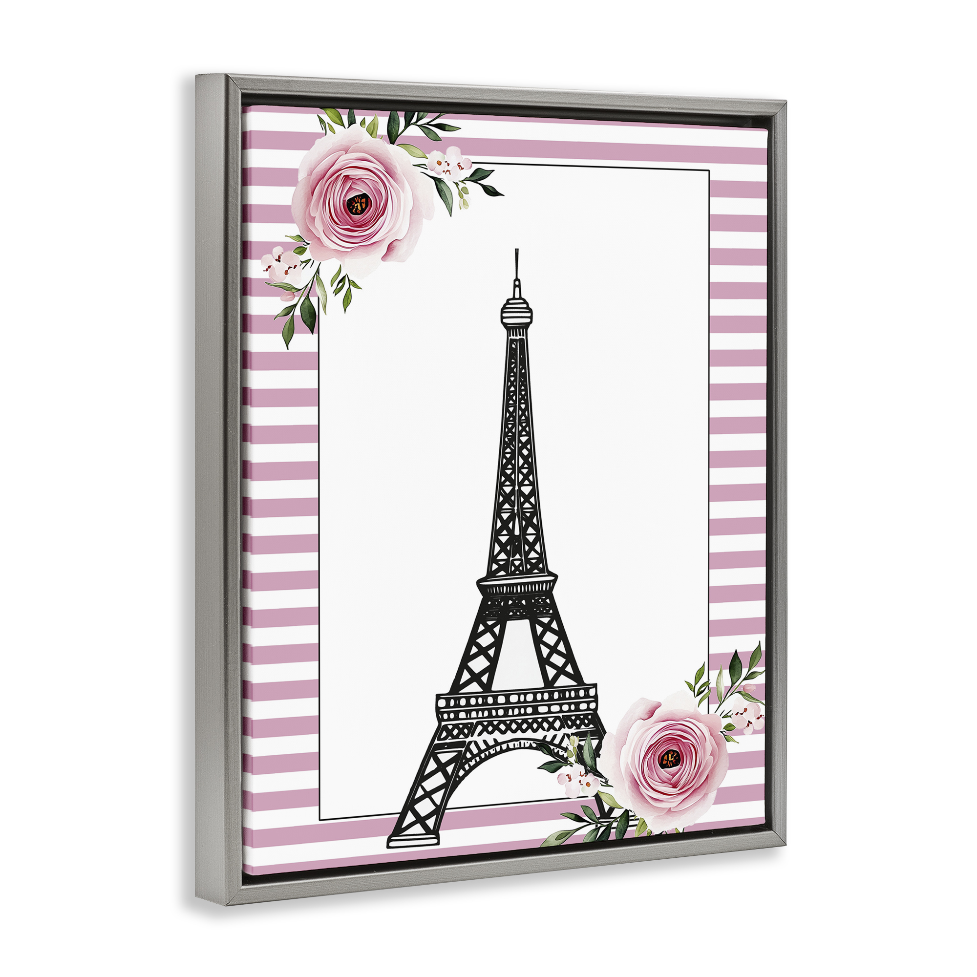 Parisian Tower & Roses Gray Framed Floater Canvas Wall Art, design by Christine Simpson Art