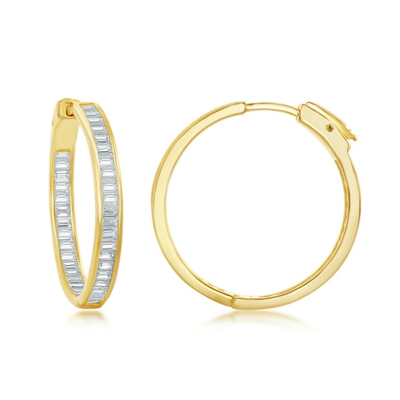 Sterling Silver Gold Plated 30mm Inside-Outside Baguette CZ Earrings