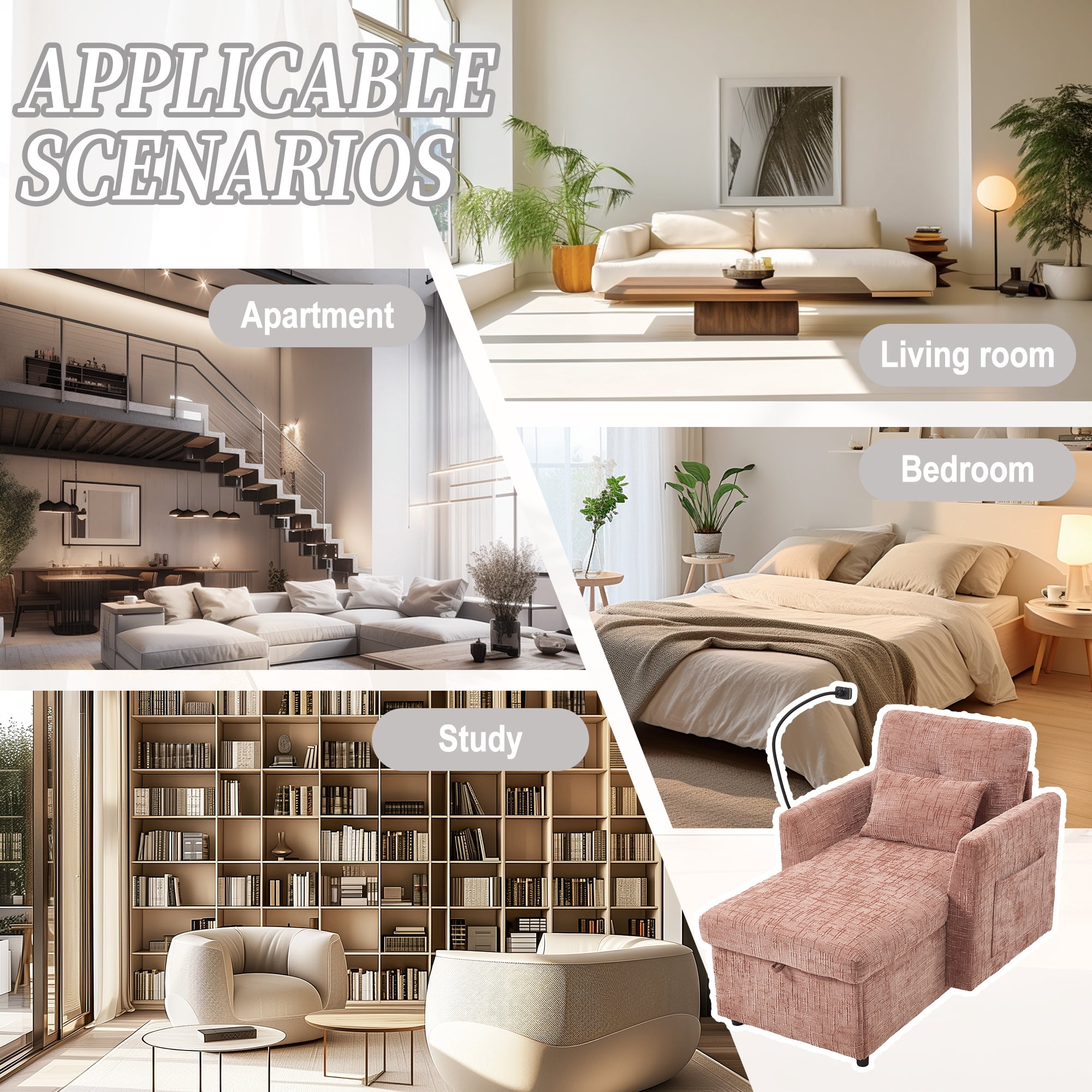 Aukfa Storage Chaise Lounge Single Sofa with Phone Holder and Pillow for Living Room Bedroom, Chenille, Pink
