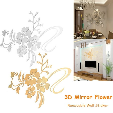 - 3D Jeteven Retro Mirror Flower Wall Sticker Floar Art Removable Decoration Vinyl Acrylic Mural Decal DIY Living Home Dining Room Bedroom Kitchen Sofa Decor,Silver& Gold 2 color