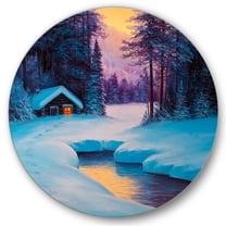 Designart 'Old Cabin In Winter Forest In Evening Glow II' Traditional Circle Metal Wall Art 36x36 - Disc of 36