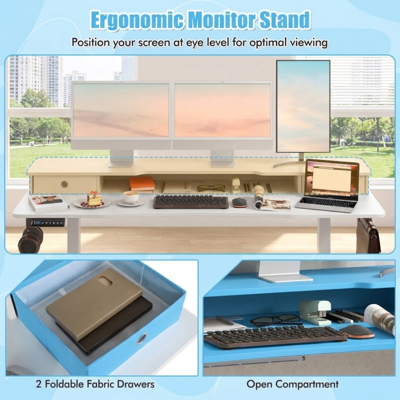Furnibear 63 x 24 Inch Large Electric Standing Desk with 2 Drawers Monitor Stand Memory Presets Anti-Collision White