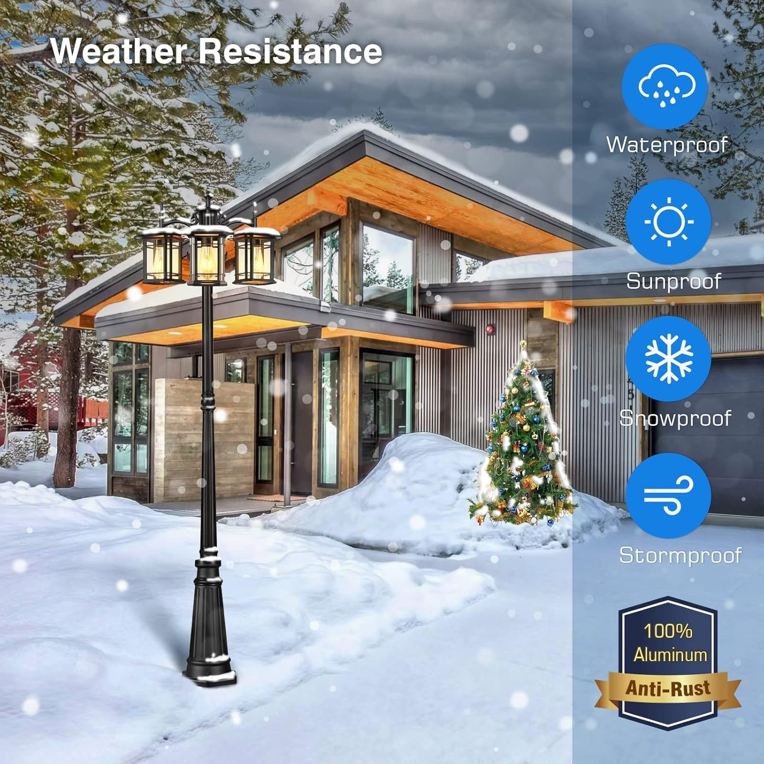 VIANIS Outdoor Lamp Post Light with Outlet 3-Head, Waterproof Outdoor Lamp Post Sconce, Anti-Rust Black Dusk to Dawn Street Light Pole for Garden, House, Doorway, Weather Resistant