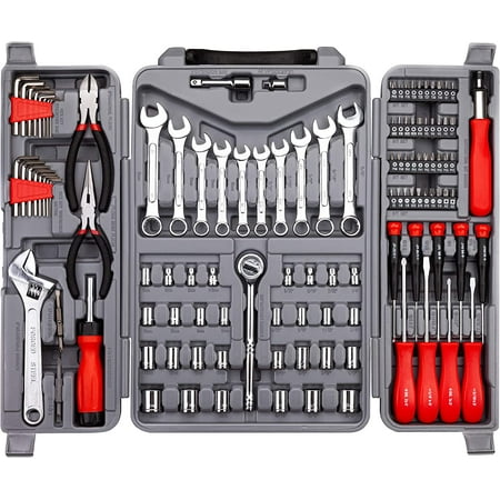

durable CARTMAN 205 Piece Tool Set Ratchet Wrench with Sockets Kit in Plastic Toolbox Red