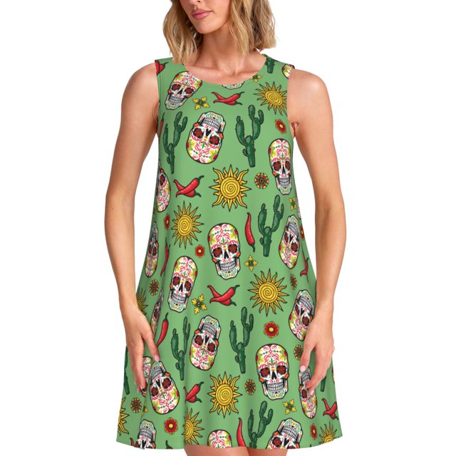 Vsdgher Robe d'Été Vintage à Imprimé Crâne de Sucre pour Femmes, Robe de Plage Décontractée Sans Manches avec Poche