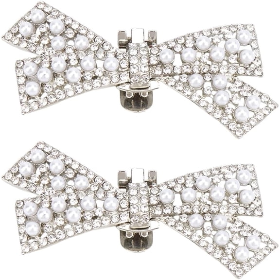 DIY 2Pcs Bowknot Crystal Shoe Clips Rhinestone Alloy Platinum Shoe Decoration Charms with Imitation Pearl Detachable Shoe Buckle on Flat Heel Shoes for Womens Brides Wedding Party DIY Craft DIY