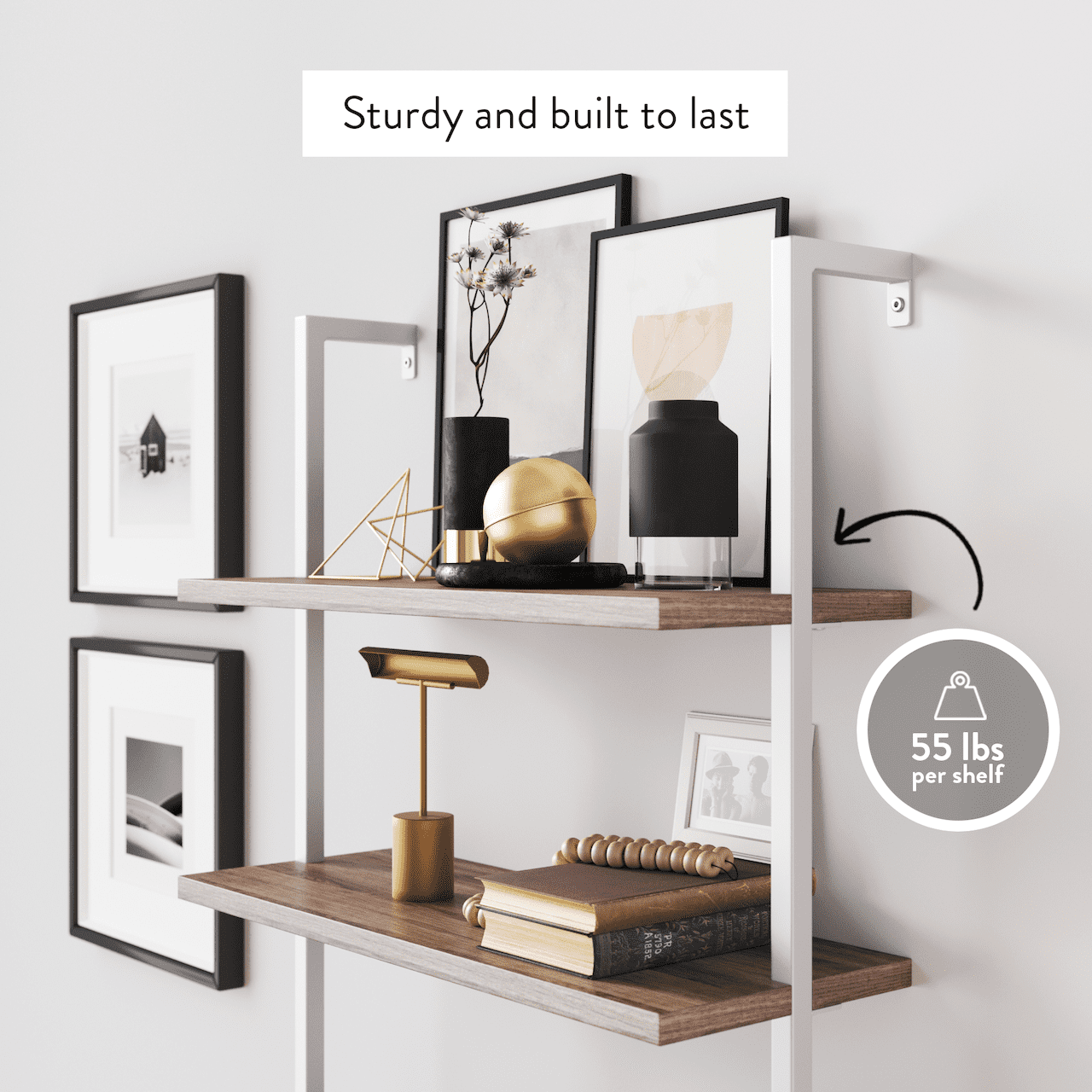 Nathan James Theo 6-Shelf Tall Bookcase Wall Mount Bookshelf Natural Wood Industrial Metal Frame Rustic Oak/White