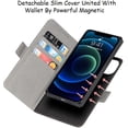 thumbnail image 2 of 2-in-1 Magnetic Detachable Wallet Case for iPhone 13 Mini, Card Slots Holder Genuine Leather Kickstand Shockproof Wrist Lanyard Strap Removable Cover 5G 5.4",Gray, 2 of 7