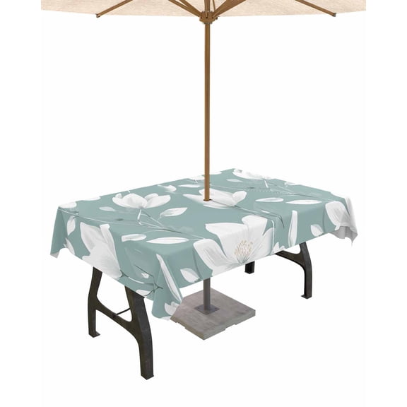 Fsddascl Flower Outdoor Tablecloth - 54x80 Inch Rectangle Dining Table Cover, White Petals Floral Botanical Wildflower Print Waterproof Outdoor Table Cloth with Umbrella Hole & Zipper for Patio