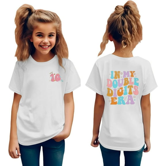 Girls T Shirts Short Sleeve Summer Clothes In My Double Digits Birthday 10 Year Old 10Th Birthday Ten Birthday Party Cute Graphic Tees For Girls Tops White 9-10 Years