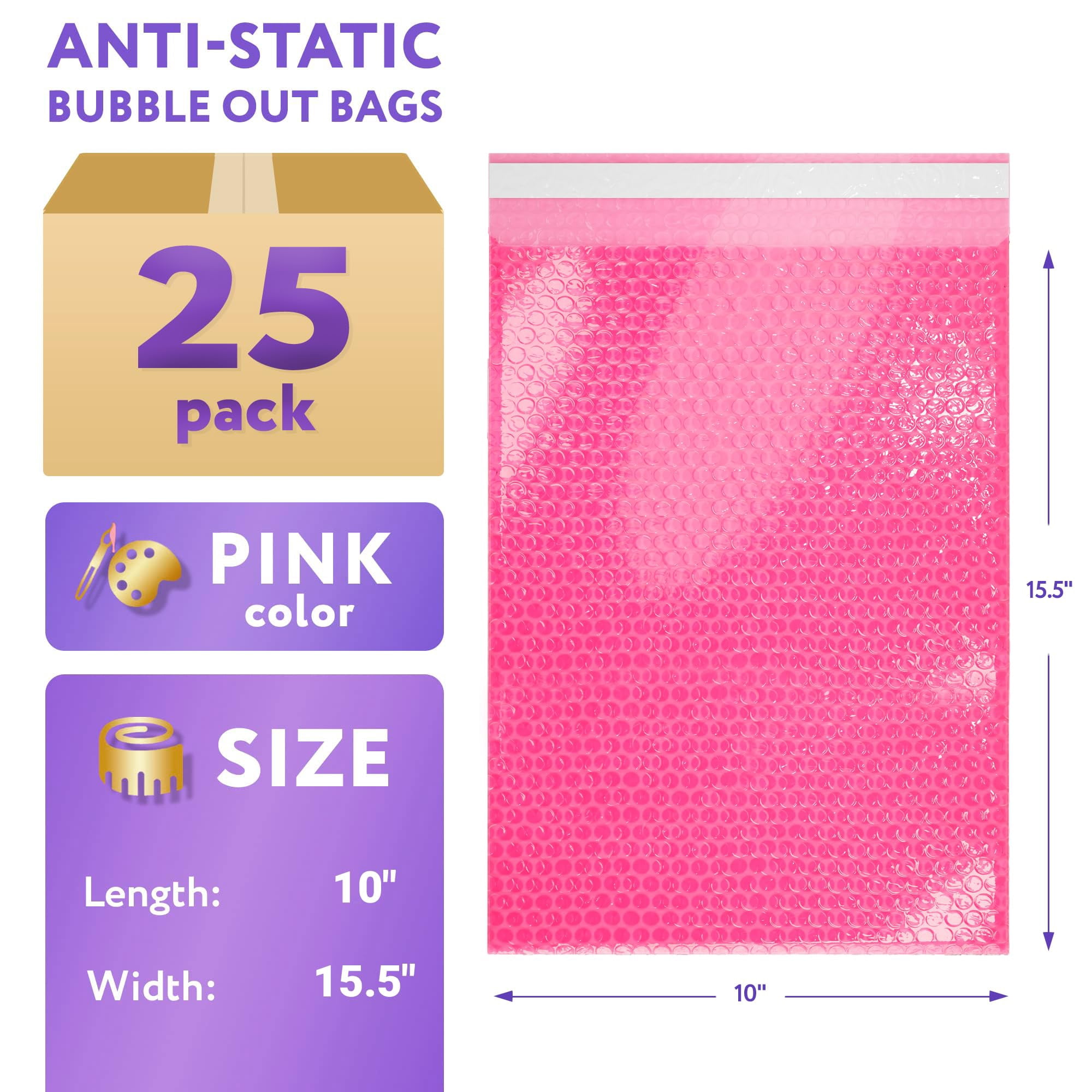 Anti-Static Bubble Out Bags 10 x 15.5 Inch. Pack of 25 Pink Self Seal Bubble Pouches. Waterproof PE Anti Static Bubble Bags for Packing Electronics, Ornaments. Cushioning Sturdy Double Bubble Bag