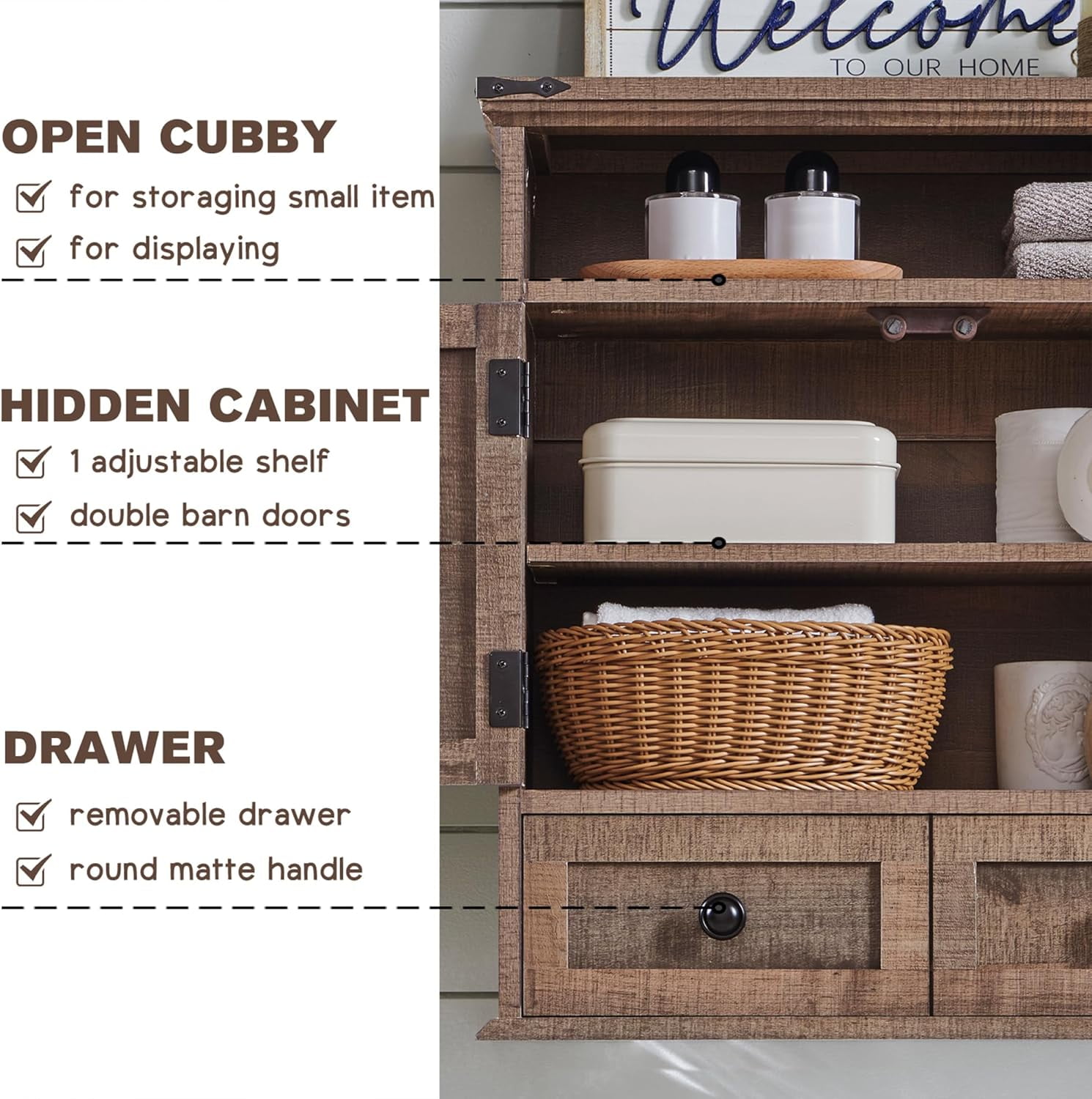 ZYPPP Bathroom Wall Cabinet, Farmhouse 24" Wide Medicine Cabinet with Drawer, Adjustable Shelf, Double Barn Doors, Storage Cabinets for Bathroom, Kitchen, Living Room, Rustic Brown