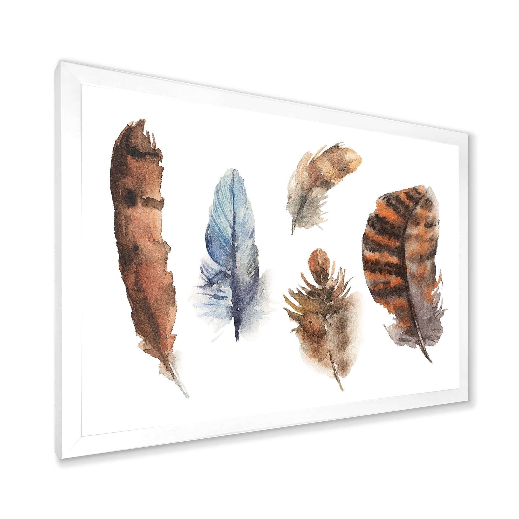 Designart 'Ethnic Boho Feathers In Earth Tones On White' Bohemian & Eclectic Framed Art Print