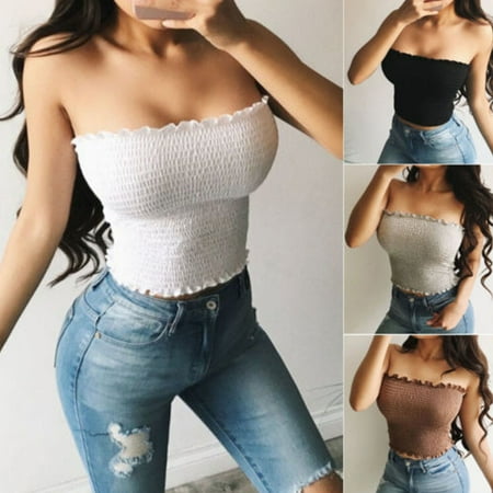 

Women Off Shoulder Elastic Tube Tops Bra Blouse Strapless Bandeau Crop Top Shirt