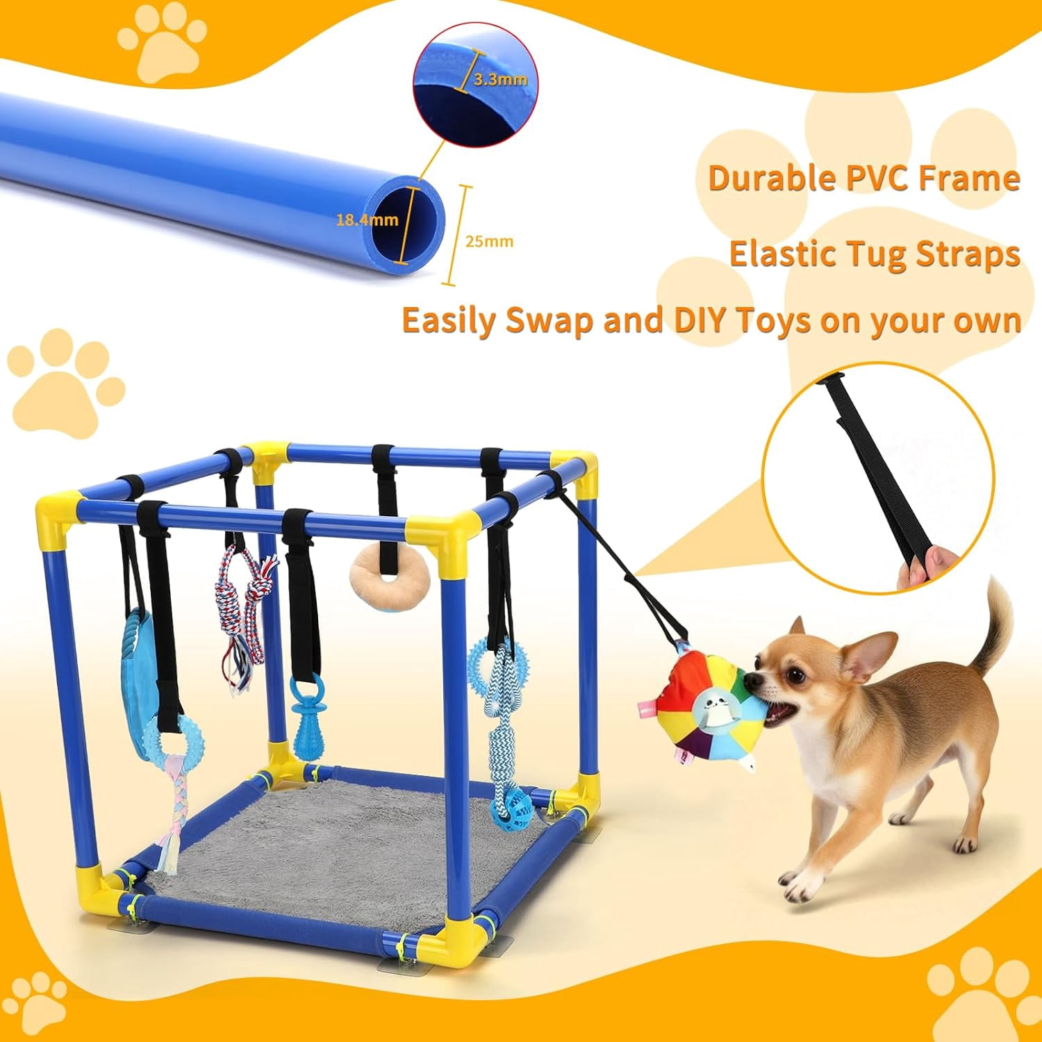 Puppy Play Gym with Hanging Toys, PVC Frame Activity Center for Small Dogs, Kittens and Pets with 8 Enrichment Toys