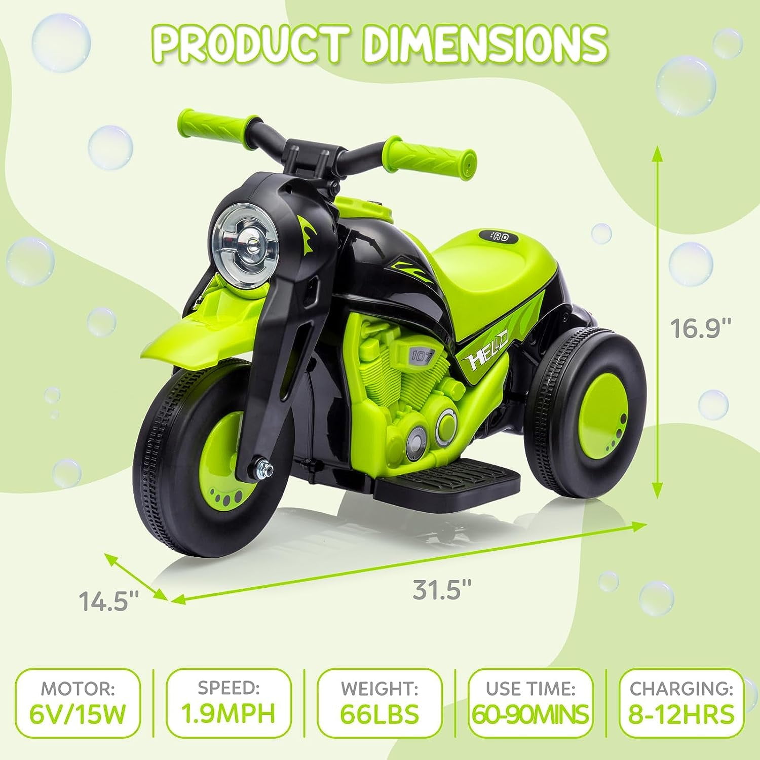 NEILA 6V 15W Kids Motorcycle with Bubble Function Battery Powered Ride on Motorbike Toy With LED Headlights, Music, 3 Wheels Kids Ride On Bubble Motorbike,for Kids Ages 3+ Boys Girls Green