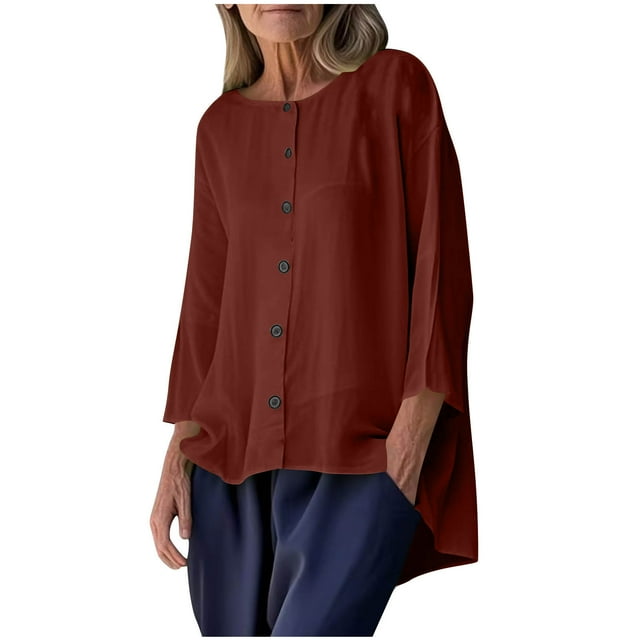 Taqqpue Chemises à Manches 3/4 pour Femmes, Blouse d'Été à Col Rond Boutonnée, Coupe Ample Décontractée, T-Shirts pour Dames