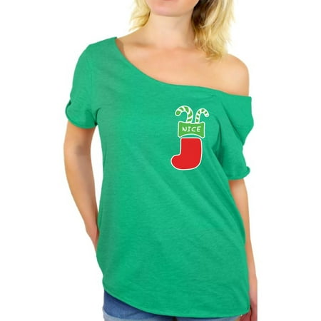 Christmas Gift For Her Awkward Styles Nice Christmas Stocking Pocket Off Shoulder Shirt Ugly Christmas T Shirt for Women Funny Christmas Gifts for Her Xmas Stocking Shirt Off The Shoulder Holiday Outfit Xmas Party Gifts ()