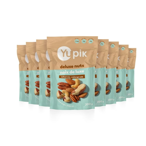 Yupik Roasted Salted Mixed Deluxe Nuts, Kosher, Gluten-free, Non-GMO, Savory Blend of Almonds, Cashews, Brazil Nuts, Hazelnuts & Pecans, Crunchy Trail Mix, Nutritious Protein Snacks, 8 Count, 200 g