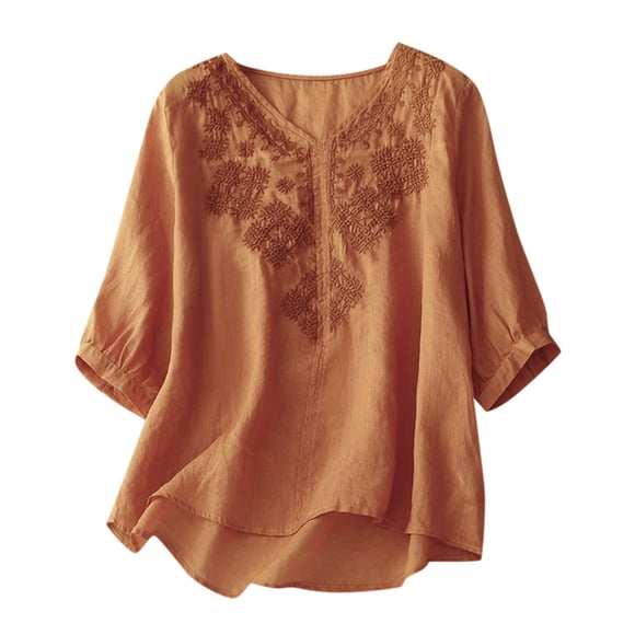 Women's Thin High Count V Neck Embroidered T Shirt Skin Friendly Breathable Short Sleeved Top