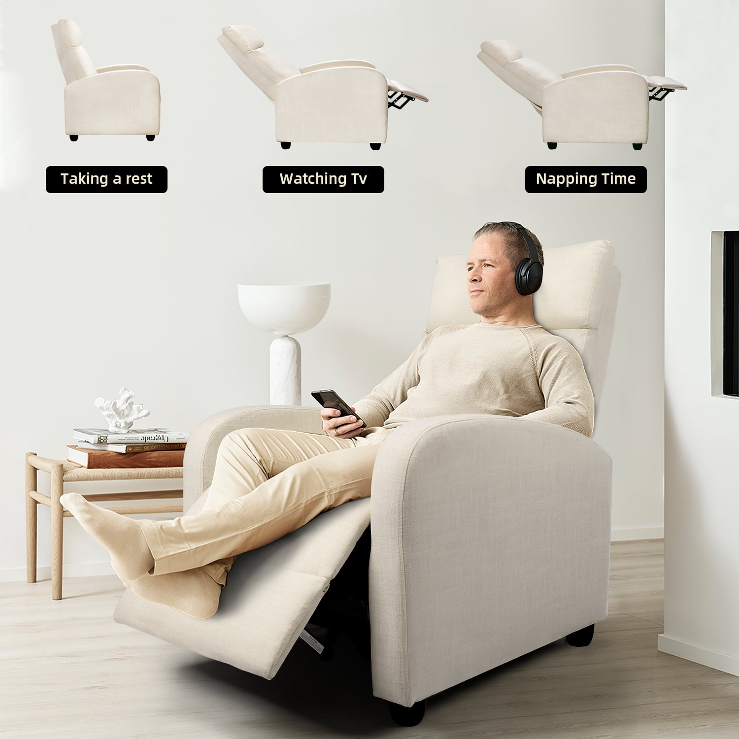 Vineego Home Theater Recliner with Padded Seat and Backrest, Beige Fabric