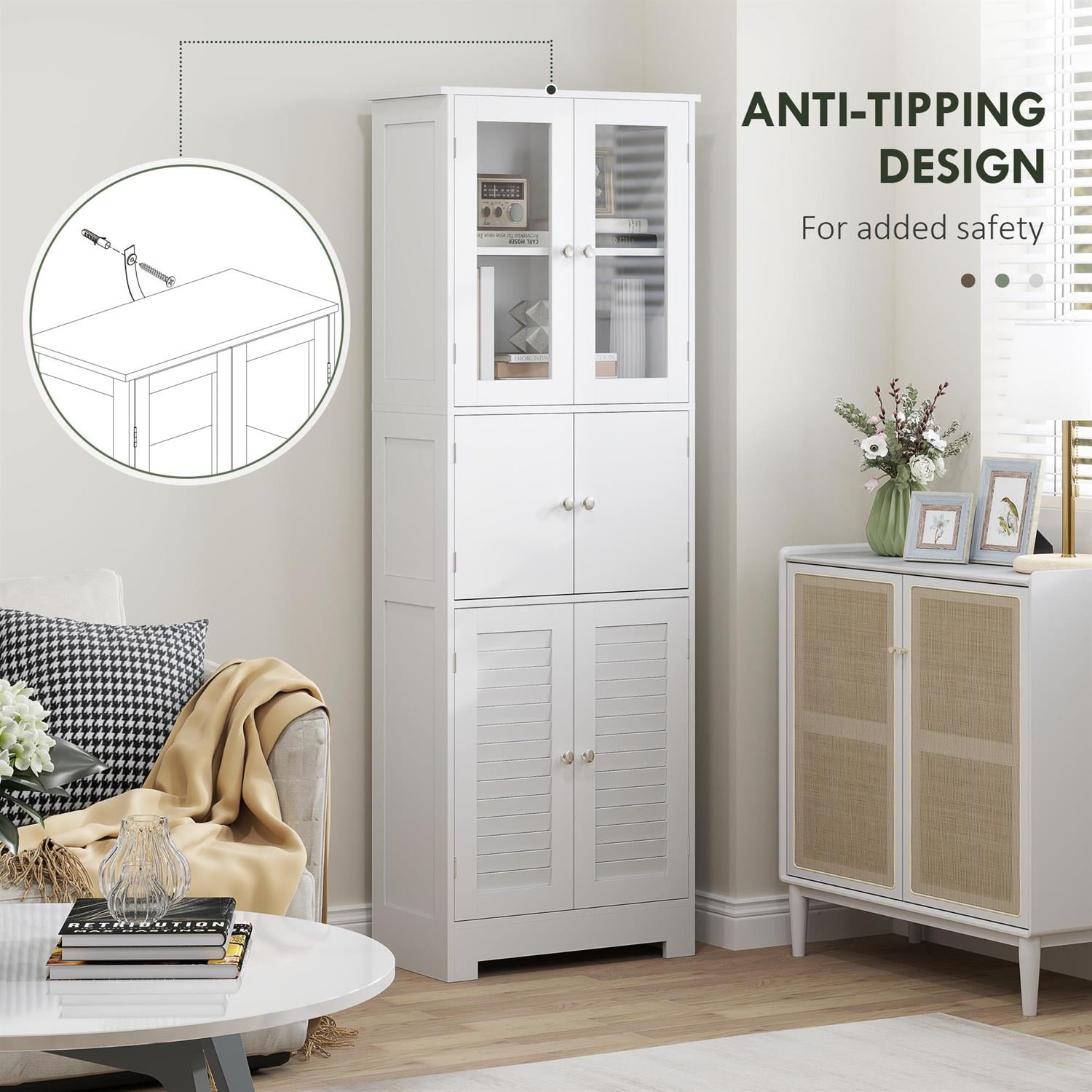 Demi Bonn 67" Tall Bathroom Storage Cabinet with Glass & Louvred Doors Adjustable Shelf Cabinet for Modern Spaces, White