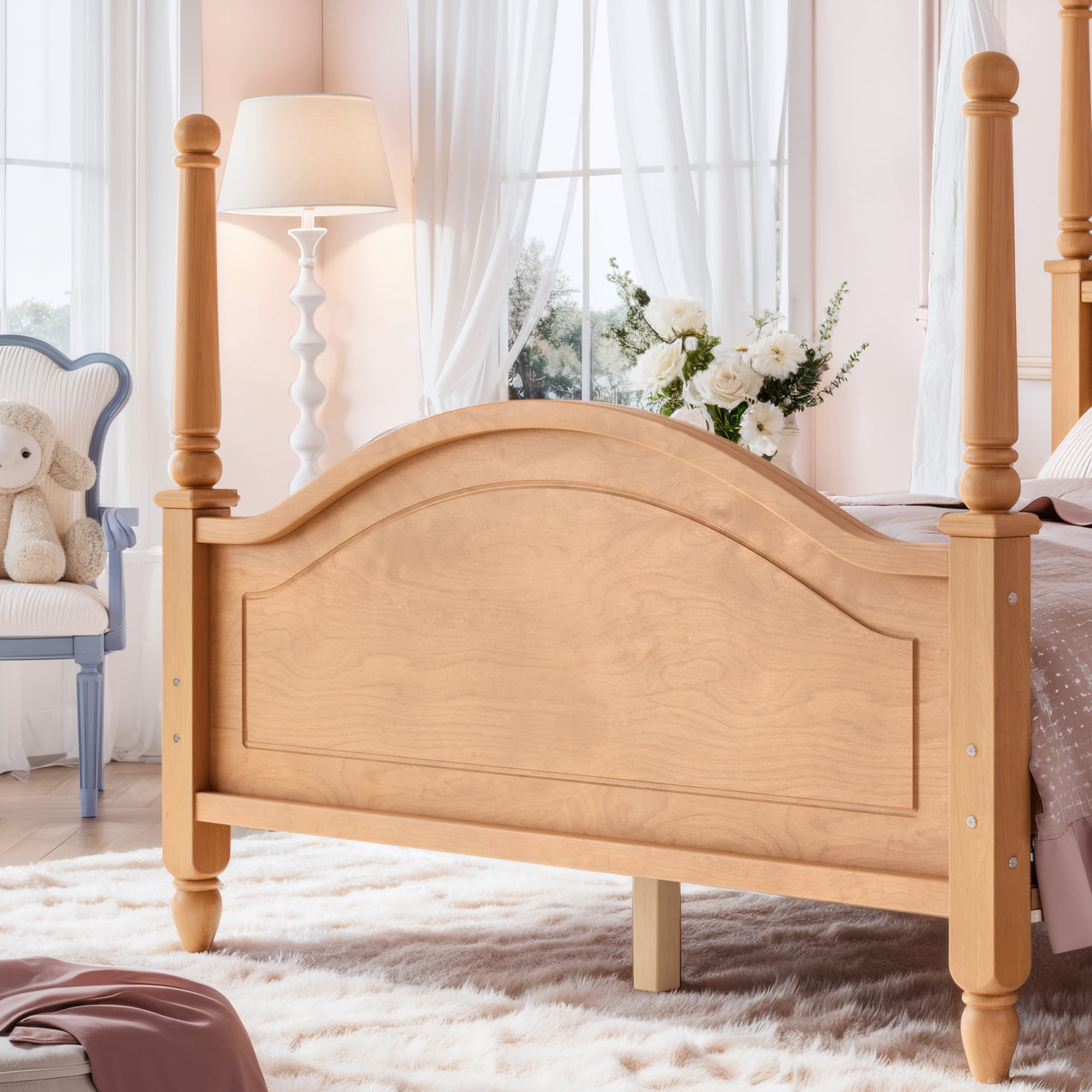 GARITIN Full Size Crown Shaped Platform Bed, Four Poster Wooden Bed Frame, Elegant Curved Headboard Bed Frame for Bedroom Guest Room, Natural