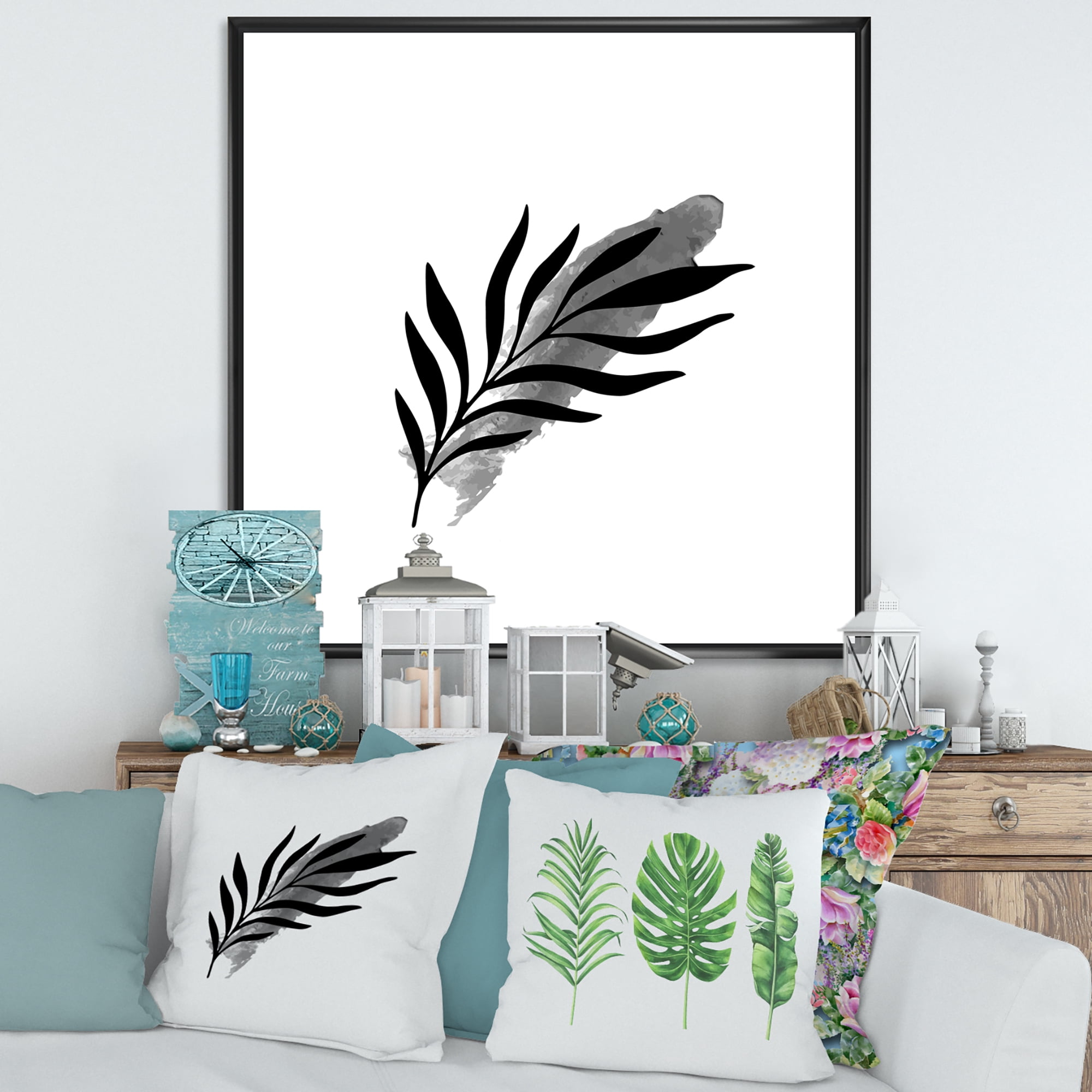 Designart 'Abstract Black Tropical Leaf I' Modern Framed Canvas Wall Art Print