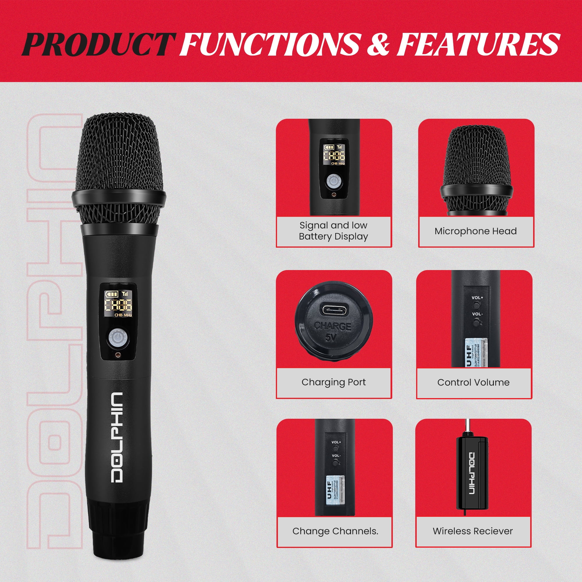 Dolphin MCX11 UHF Wireless Microphone - USB-C Rechargeable, 50 Channels, Anti-Interference Technology (Black)