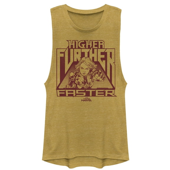 Junior's Marvel Captain Marvel Marvel Grayscale Higher Quote Festival Muscle Graphic Tee Gold Heather Small