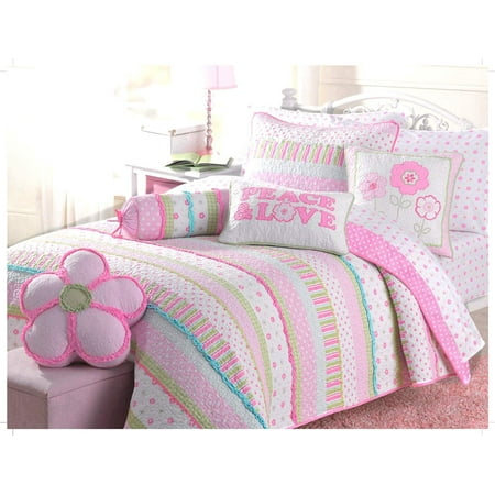 Cozy Line 2-Piece Pink Greta Polka Dot Flower Girl cotton Reversible Quilt Bedding Set Twin