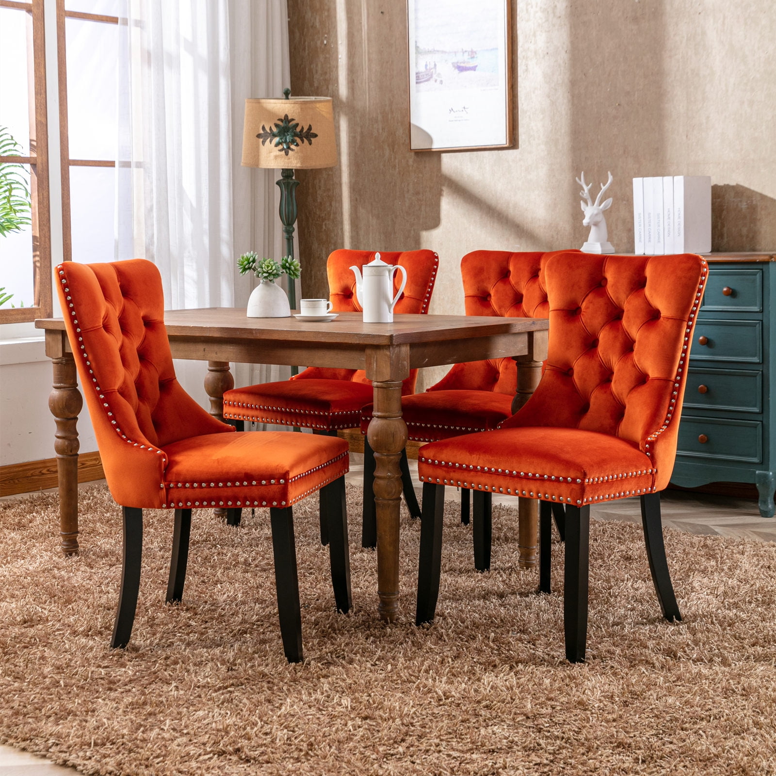 Leumius Dining Chairs Set of 2, Velvet Upholstered Kitchen Side Chairs with Ring Pull Trim and Button Back, Solid Wood Luxury Dining Room Chair for Living Room, Bedroom, Kitchen, Orange