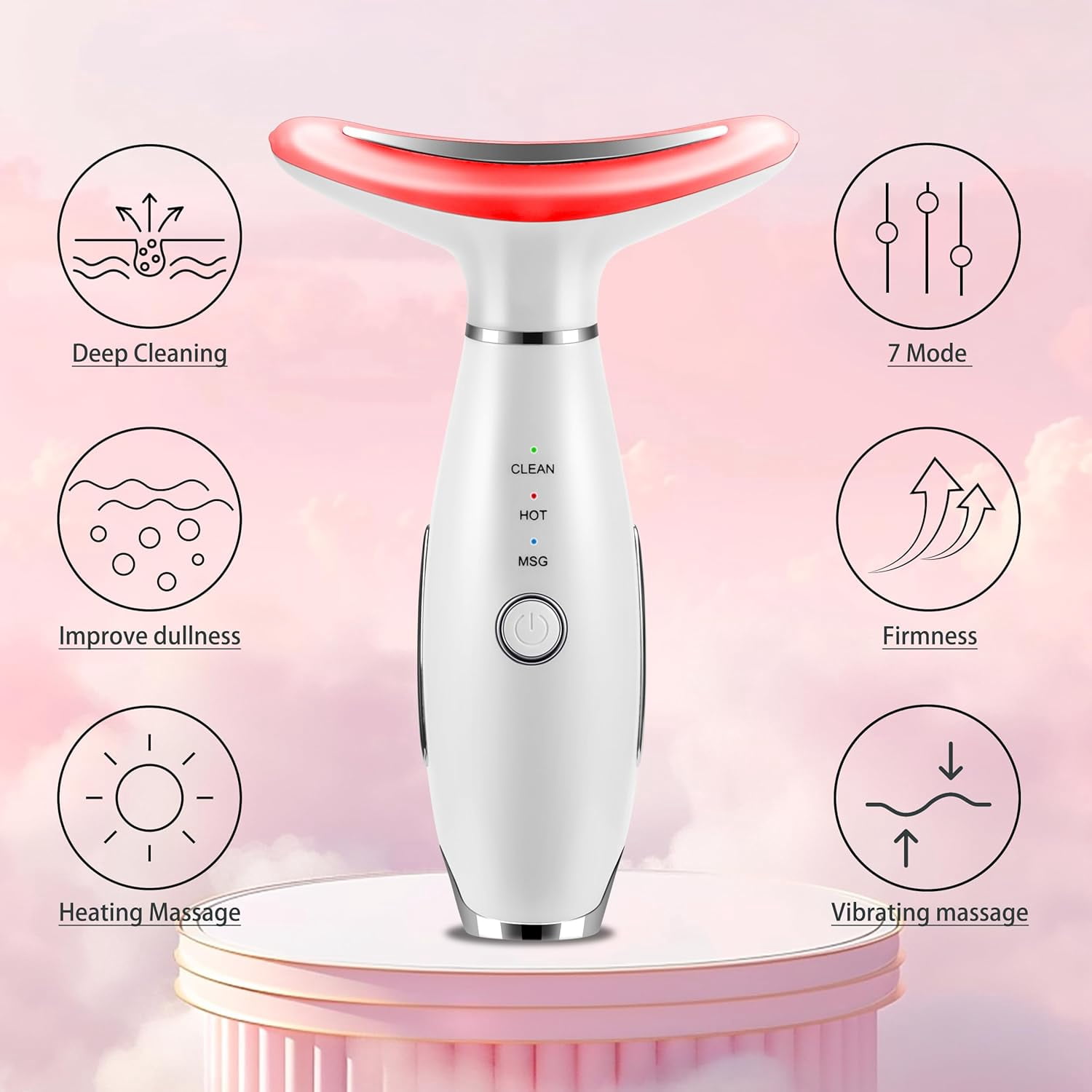 7-in-1 Massager, Portable Skin Care Massage Tool for Home Use, Micro-Glow Facial and Neck Massager for Skin Care (White)