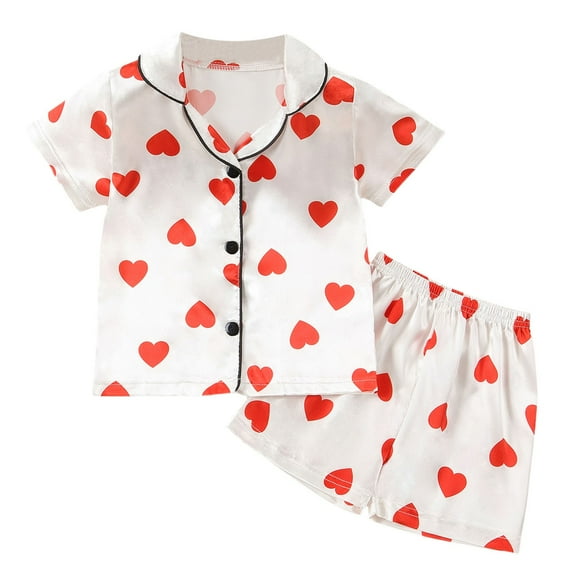 Silk Pajamas Girls,Cute Red Heart Pattern Kids Pajamas Button Down Tops Set 2 Piece Sleepwear Loungewear Set Pj For Girls 5-6 Years