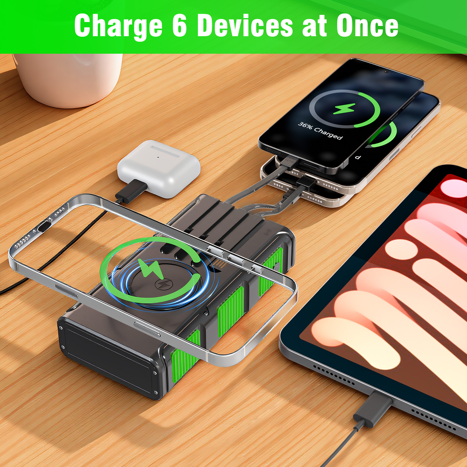 Power Bank Wireless Charger 68800mAh Built in Hand Crank and 4 Cables 15W Fast Charging Power Bank 7 Outputs & 4 Inputs Solar Portable Charger, SOS/Strobe/Strong Flashlights, Compass(Green)