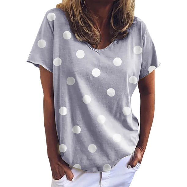 Gibobby Camisas mexicanas con cuello en V para mujer Blusa informal suelta lunares para mujer, camiseta manga corta con cuello en V estampada(Gris,M)