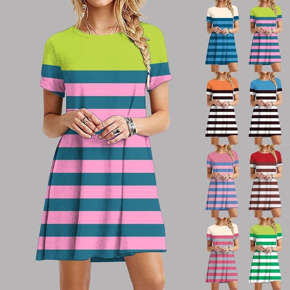 Antinious Women Short Sleeve Round Neck Stripe Print Casual Dress
