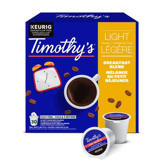 Timothy’s Breakfast Blend, Light Roast, K-Cup Coffee Pods 30 Pods