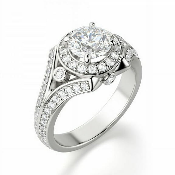 Women's Halo Pave Set Engagement Ring, Split Shank Promise Wedding Ring, 2.2 Ct Round Cut Simulated Diamond, 14K White Gold Plated, Surprise Diamond Proposal Ring For Her Special Occasion