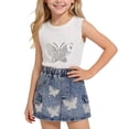 thumbnail image 2 of Girls 2Pcs Skirts Sets Outfits Summer Short Sleeve Crewneck Tops and Denim Vintage Skirts Versatile Cute Bow Print Tops School Outfits Casual Children Clothes Age 2-8 Years White 5-6Years, 2 of 7
