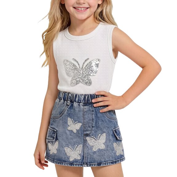 Cethrio Girls Summer Outfit Sets Size 7-8T, 2 Piece Fashion Sleeveless T-shirts and Denim Skirts Sets White Size 7-8T