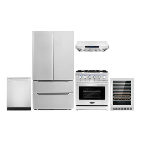 Cosmo 5 Piece Kitchen Appliance Packages with 30  Freestanding Gas Range 30  Under Cabinet Hood 24  Built-in Fully Integrated Dishwasher French Door Refrigerator & 48 Bottle Wine Refrigerator