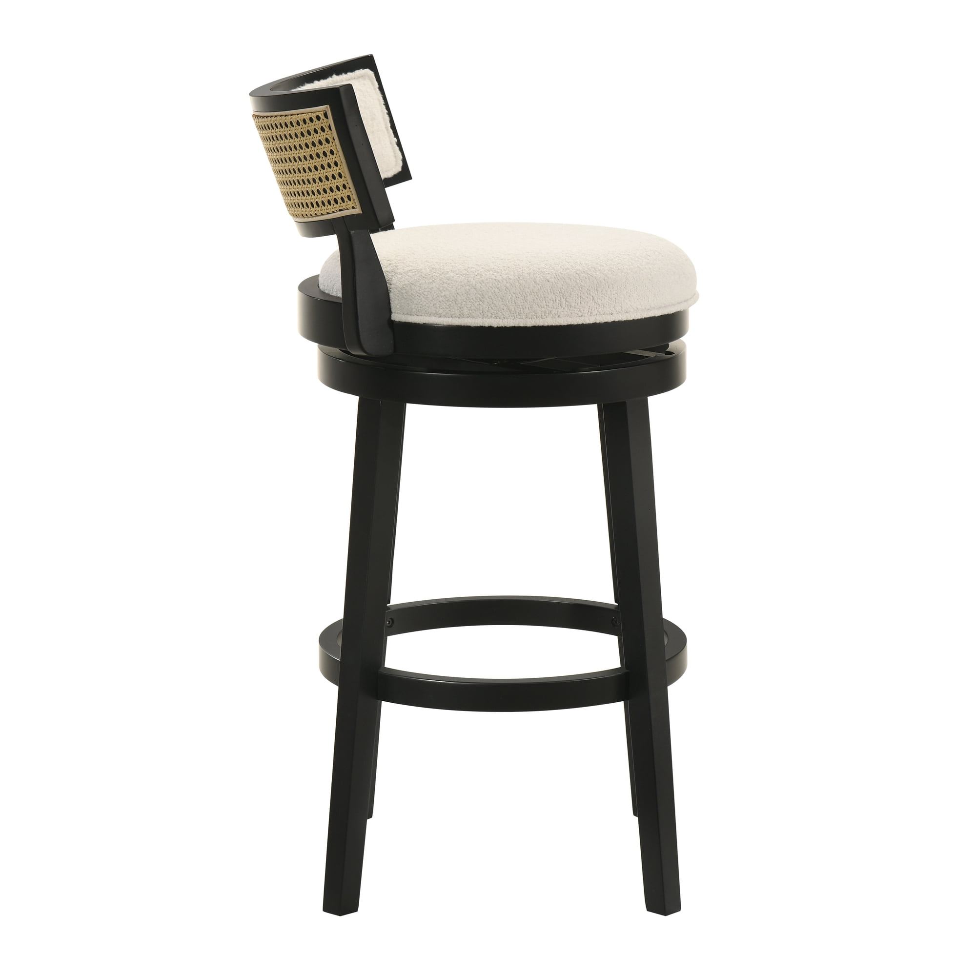 Noely Modern Farmhouse Swivel Wood Bar Height Kitchen Bar Stool in Black Finish with White Boucle Fabric Upholstered Seat - Set of 4