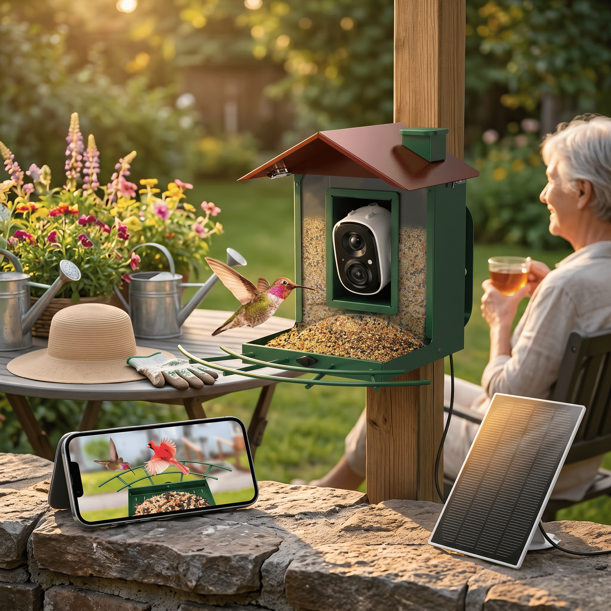 AI Bird Feeder Camera with Solar, 2K Night Vision, Identifies 1000+ Species, Outdoor Gift for Bird Lovers Father's Day Gifts