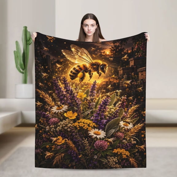 Honey Bee Blanket Wildflower Floral Flannel Throw Blanket Bee Lover Gift for Women Home Decor 50x40 in