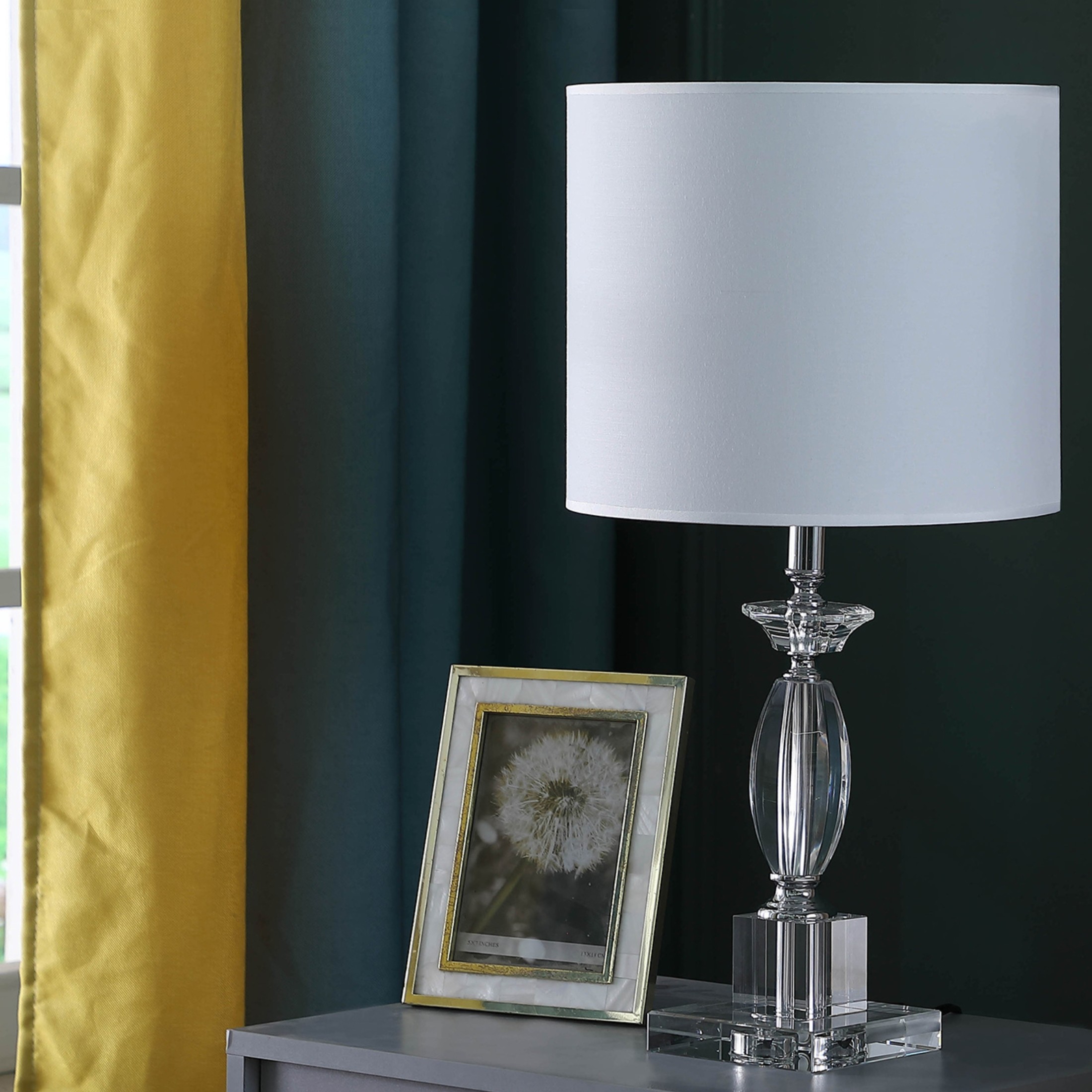 Noble House Emmil 23.25" Cut-Crystal Table Lamp, White Drum Shade, E26 Bulb, Modern Accent Compact Design, Clear