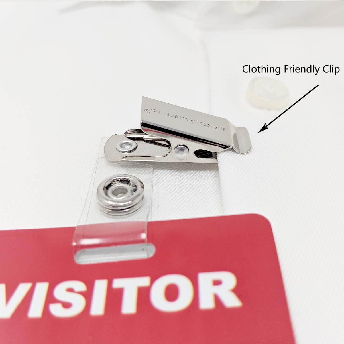 25 Pack - Heavy Duty Visitor Badges with Clips - Reusable & Re-Writable - Durable PVC Plastic Printed Guest Name Badge Pass for Visitors with Clothing Friendly ID Holder Clip, by Specialist ID