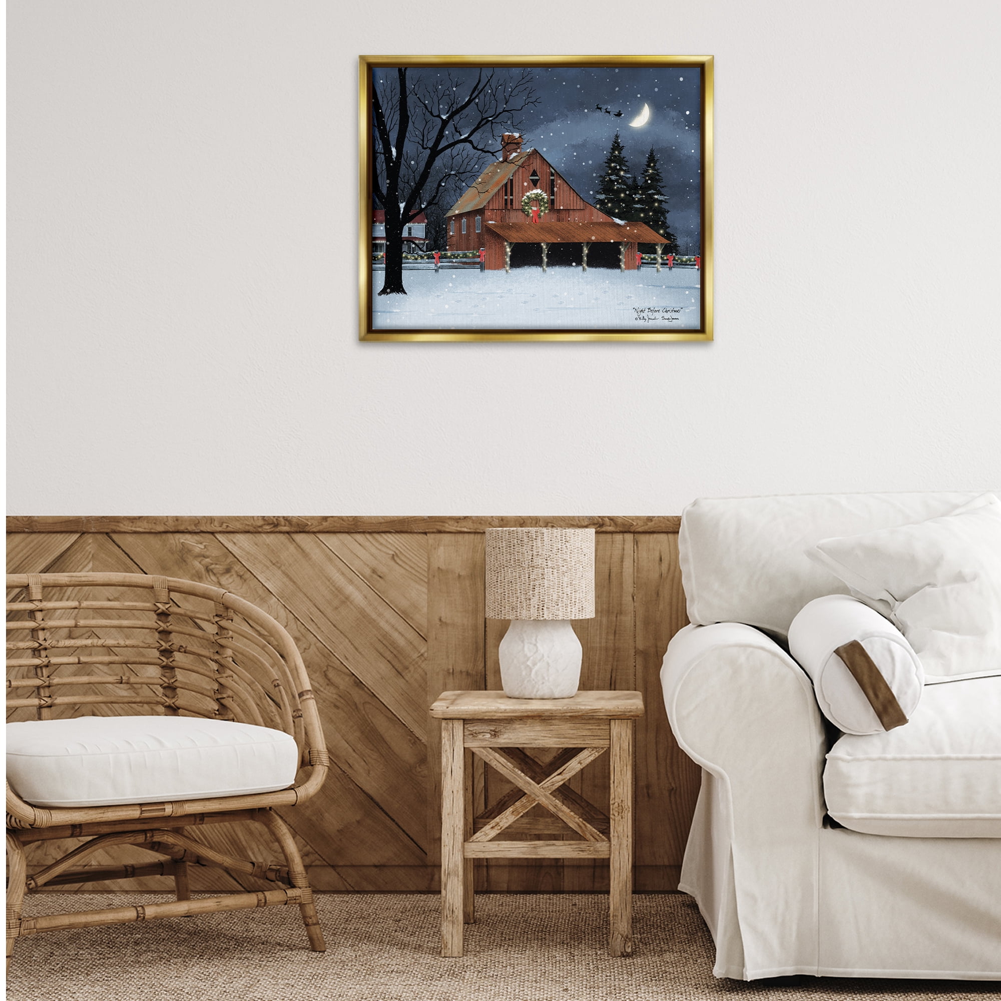 Stupell Industries Night Before Christmas Barn Landscape & Nature Painting Gold Floater Framed Canvas Art Print Wall Art, 31 x 25