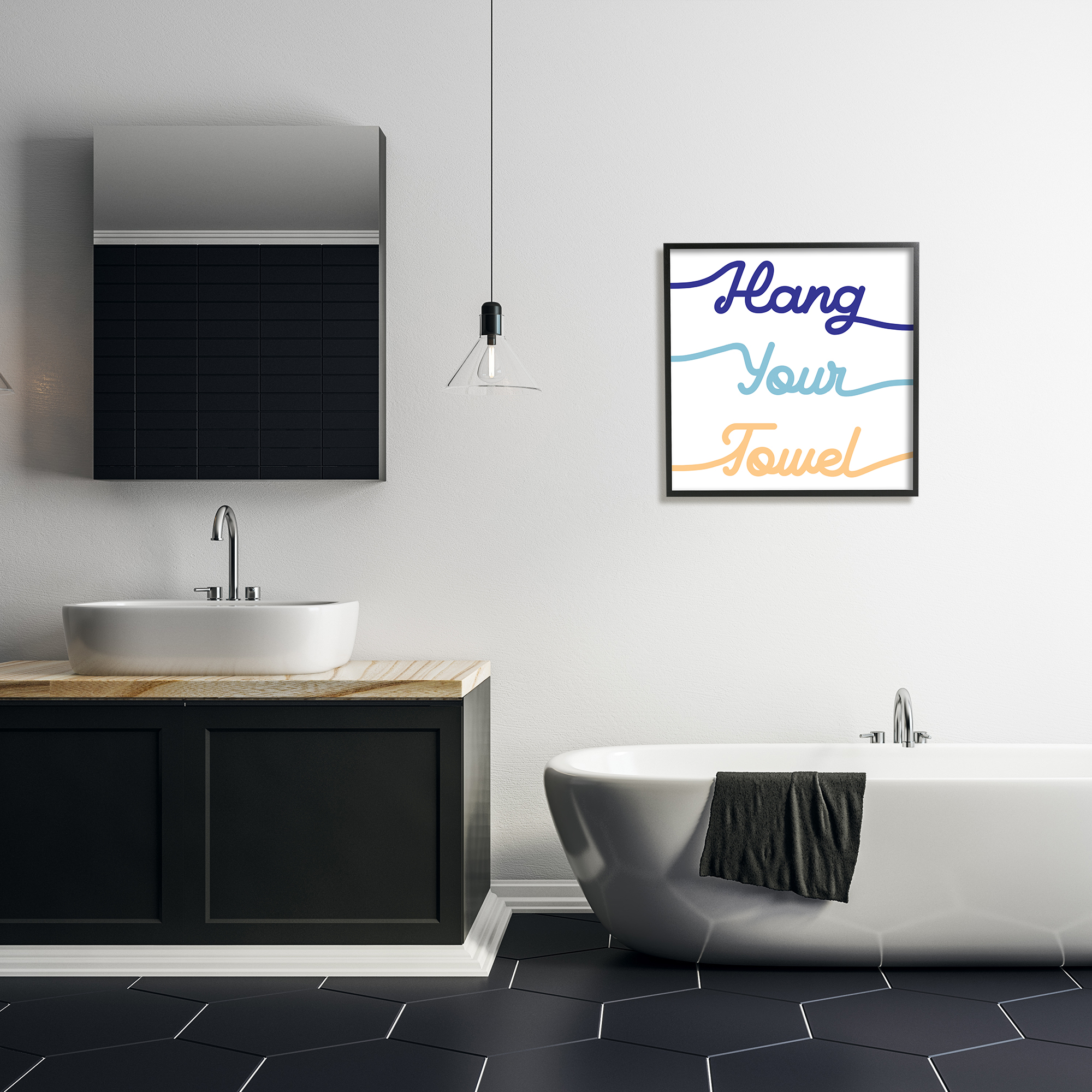 Stupell Industries Hang Your Towel Phrase Children's Bathroom Typography Typography Painting Black Framed Art Print Wall Art, 24 x 24